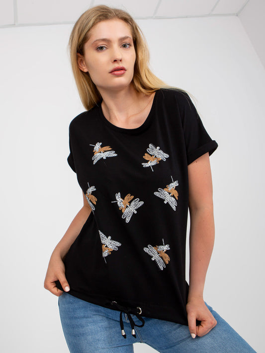 Czarny bawełniany t-shirt plus size z nadrukiem i aplikacją