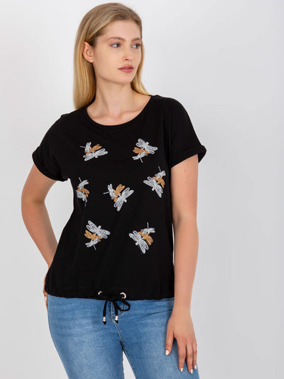 Czarny bawełniany t-shirt plus size z nadrukiem i aplikacją