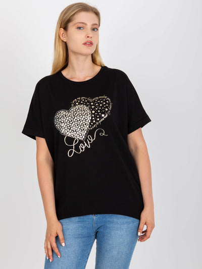 Czarny t-shirt plus size z nadrukiem i aplikacją