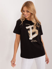 Czarny damski t-shirt z aplikacją i napisami