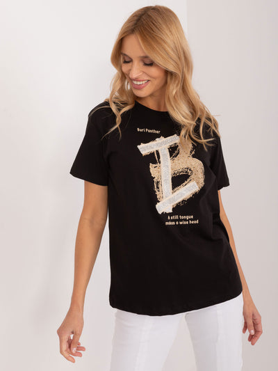 Czarny damski t-shirt z aplikacją i napisami