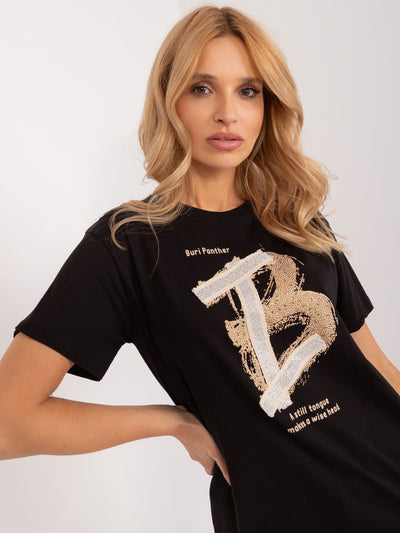 Czarny damski t-shirt z aplikacją i napisami