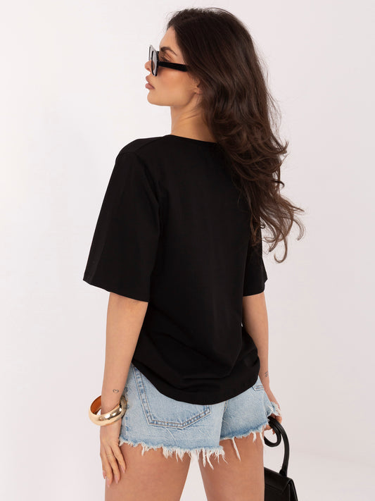 RUE PARIS Czarny asymetryczny t-shirt basic z bawełny