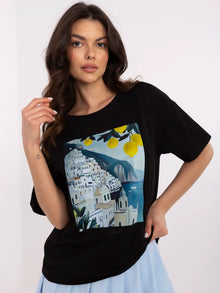 Czarny damski t-shirt z włoskim krajobrazem