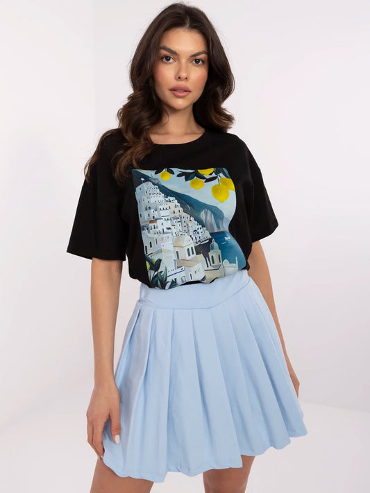 Czarny damski t-shirt z włoskim krajobrazem