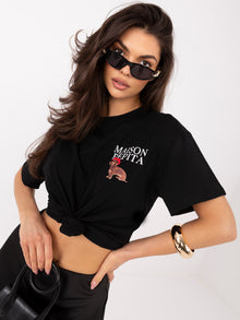 Czarny damski t-shirt z małym nadrukiem