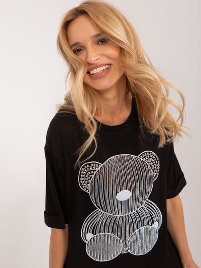Czarny t-shirt oversize z aplikacją misia