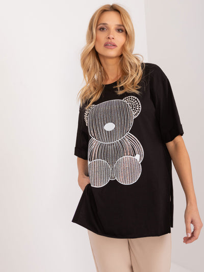Czarny t-shirt oversize z aplikacją misia