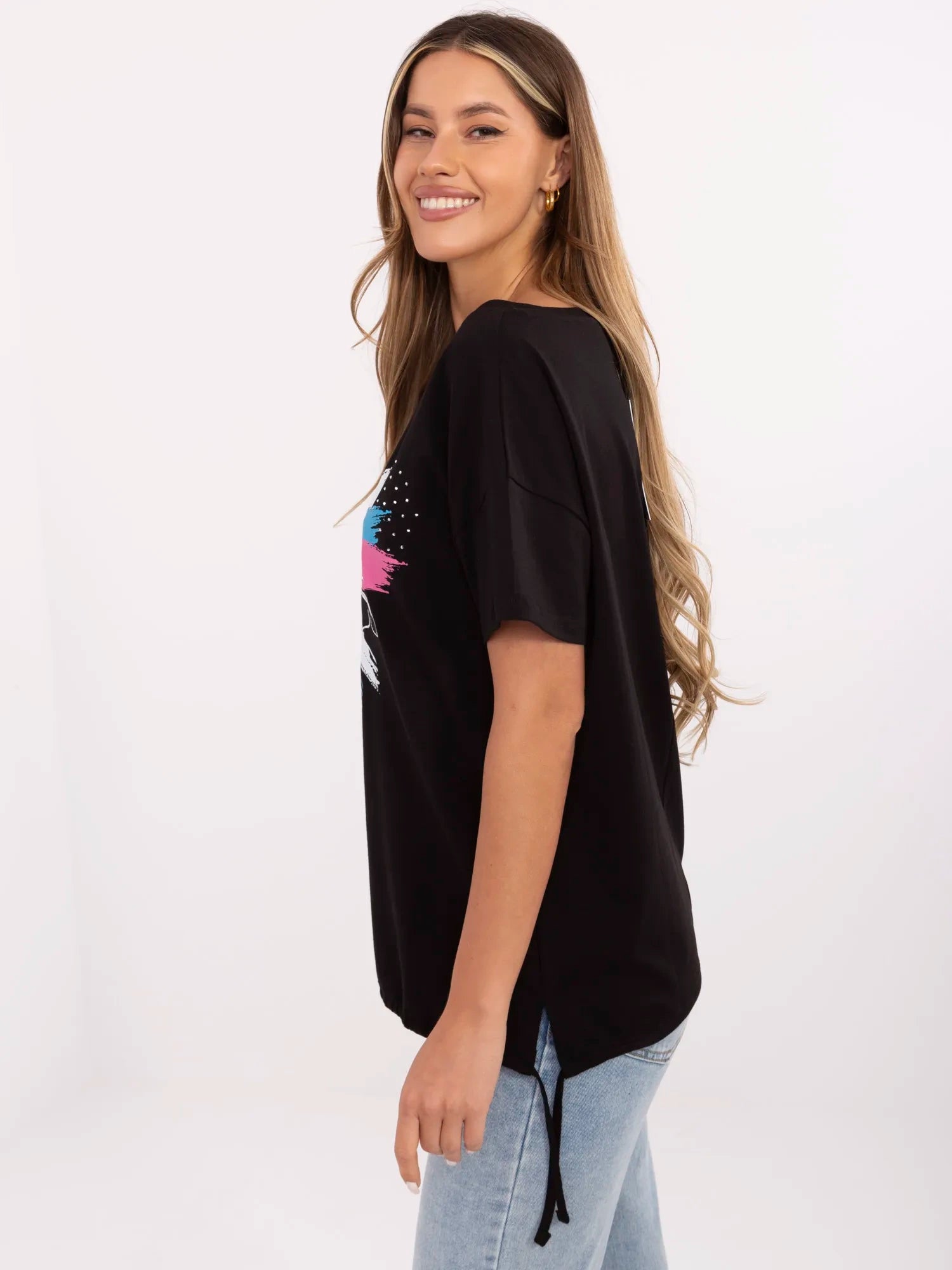 Czarny damski t-shirt z dżetami