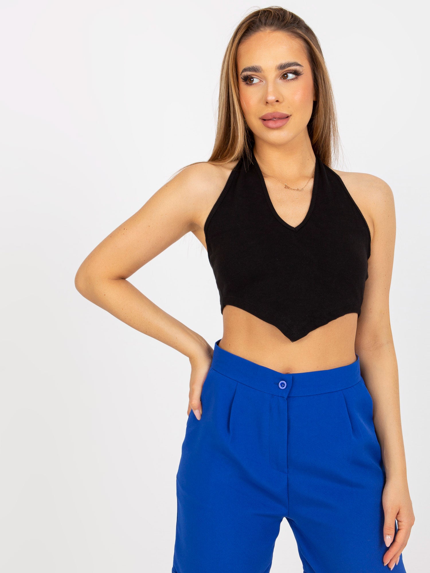 Czarny dopasowany crop top basic w prążki RUE PARIS