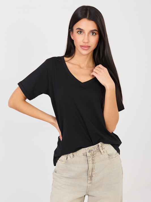 RUE PARIS Czarny t-shirt basic z dekoltem V