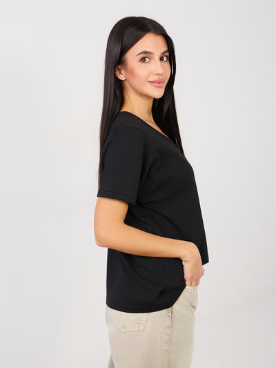 RUE PARIS Czarny t-shirt basic z dekoltem V