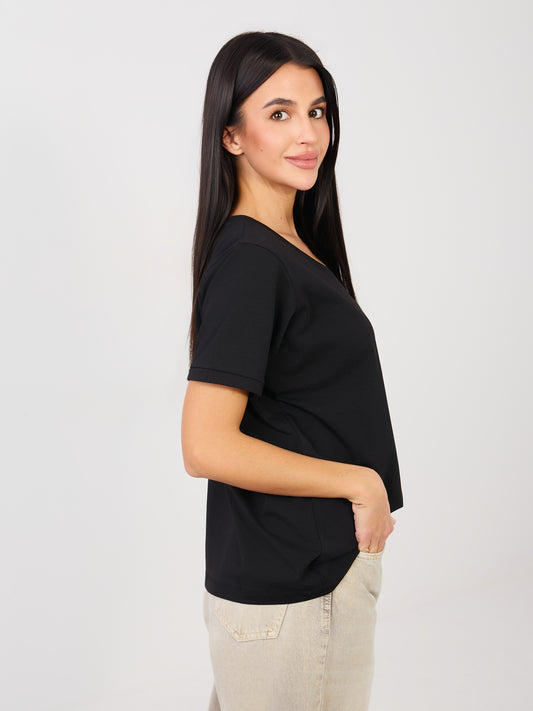 RUE PARIS Czarny t-shirt basic z dekoltem V