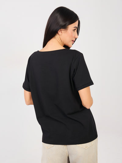 RUE PARIS Czarny t-shirt basic z dekoltem V