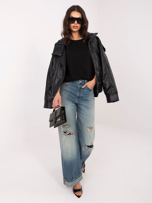RUE PARIS  Czarny t-shirt basic z okrągłym dekoltem