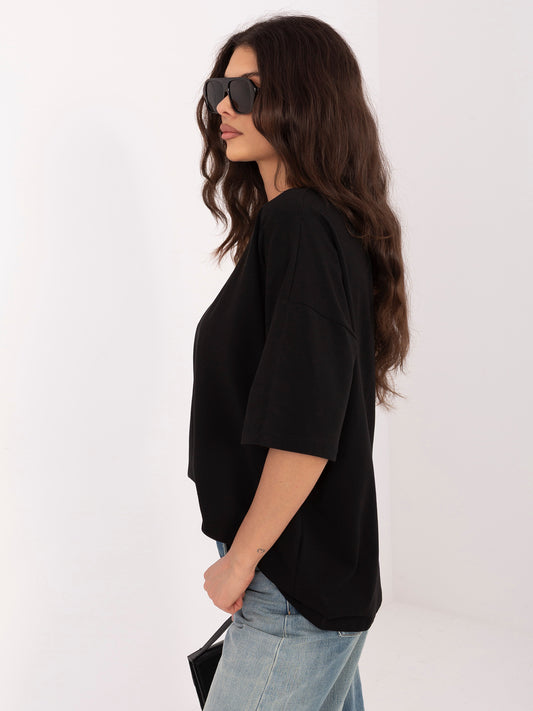 RUE PARIS  Czarny t-shirt basic z okrągłym dekoltem