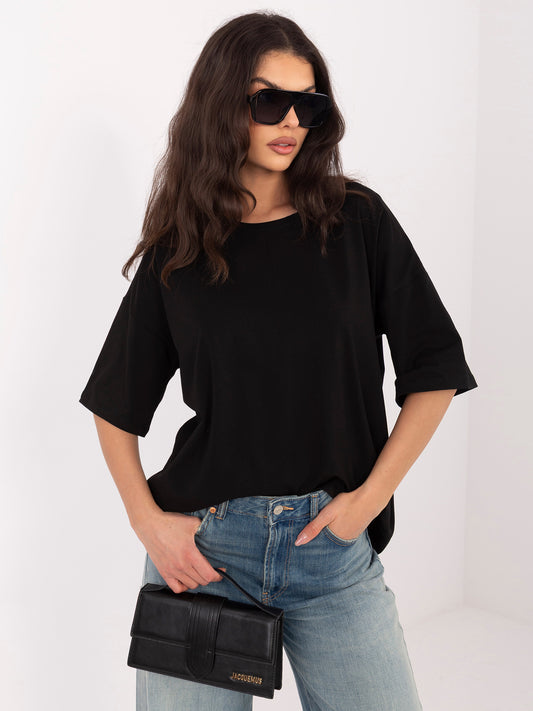 RUE PARIS  Czarny t-shirt basic z okrągłym dekoltem