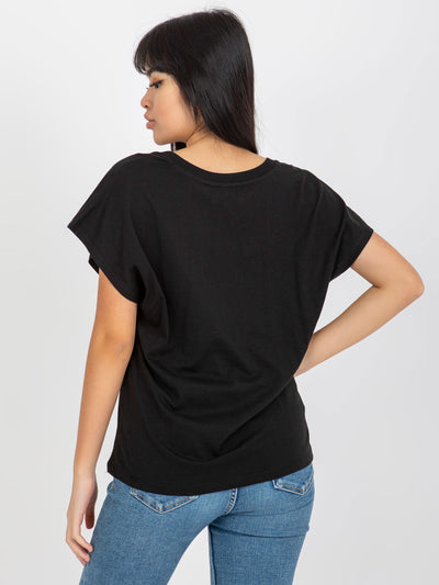Czarny damski t-shirt jednokolorowy z dekoltem V MAYFLIES