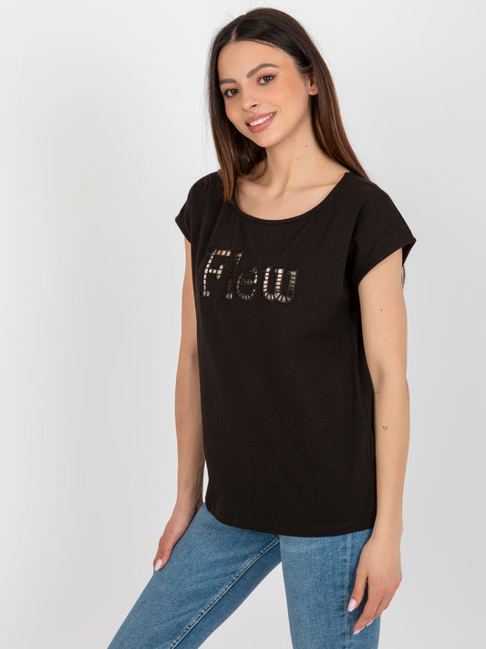 Czarny damski t-shirt jednokolorowy z napisem