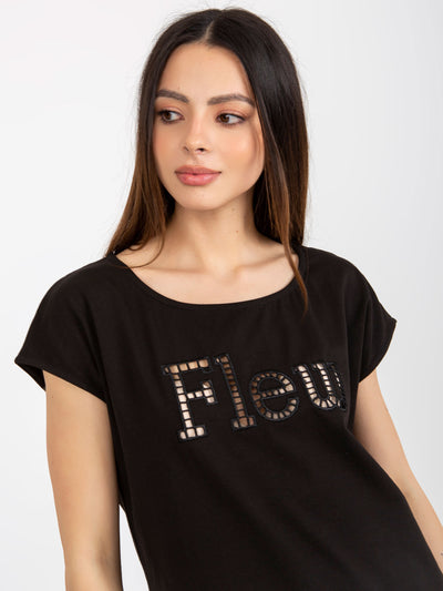 Czarny damski t-shirt jednokolorowy z napisem