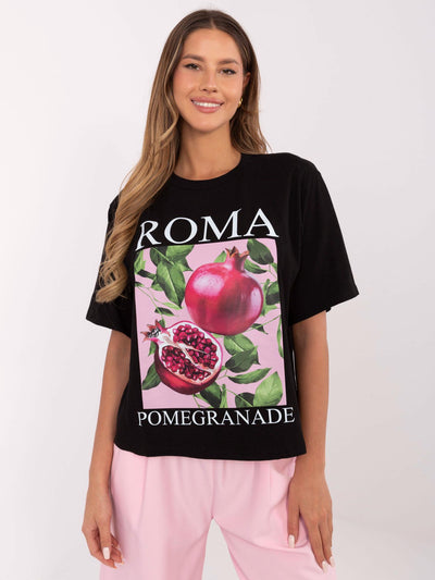Czarny damski t-shirt z okrągłym dekoltem