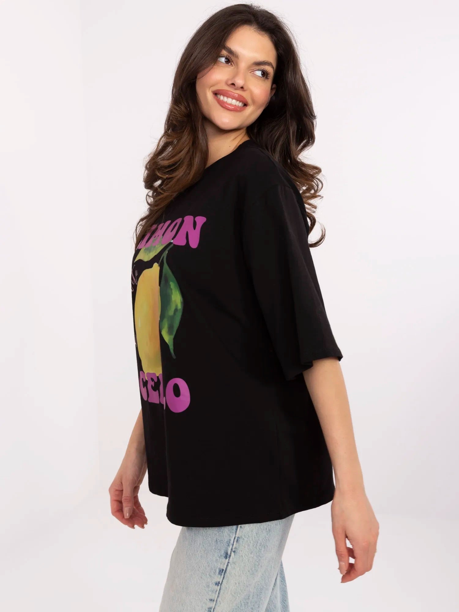 Czarny damski t-shirt z nadrukiem cytryny