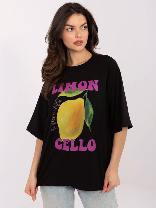 Czarny damski t-shirt z nadrukiem cytryny
