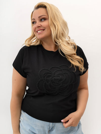 Czarny damski t-shirt plus size z okrągłym dekoltem