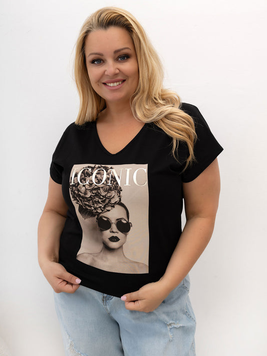 Czarny damski t-shirt plus size z dekoltem V