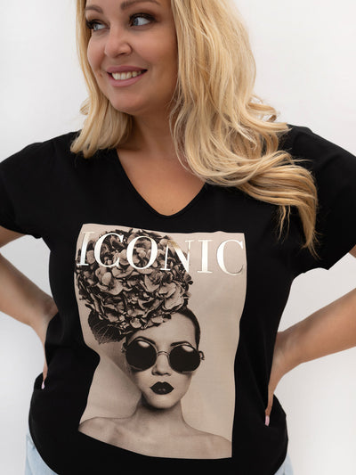 Czarny damski t-shirt plus size z dekoltem V