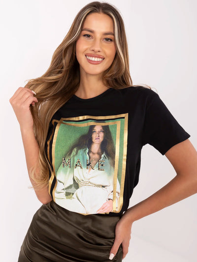 Czarny damski t-shirt z nadrukiem