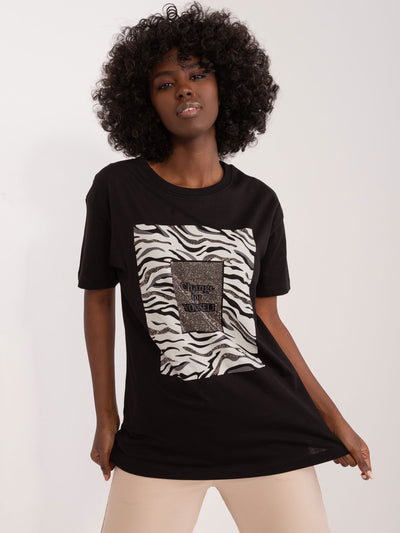 Czarny damski t-shirt z aplikacją z dżetów