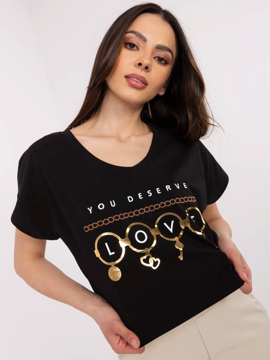 Czarny damski t-shirt z haftem