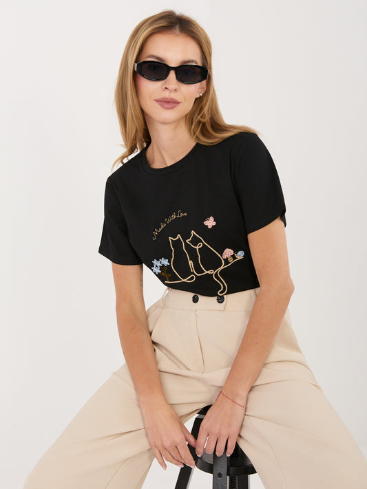 Czarny damski t-shirt z okrągłym dekoltem