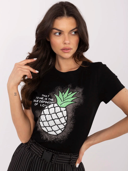 Czarny damski t-shirt z aplikacją w kształcie ananasa