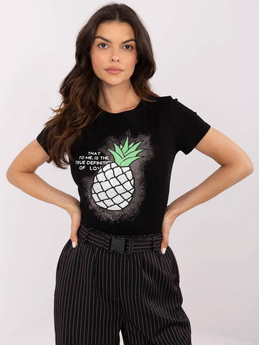 Czarny damski t-shirt z aplikacją w kształcie ananasa