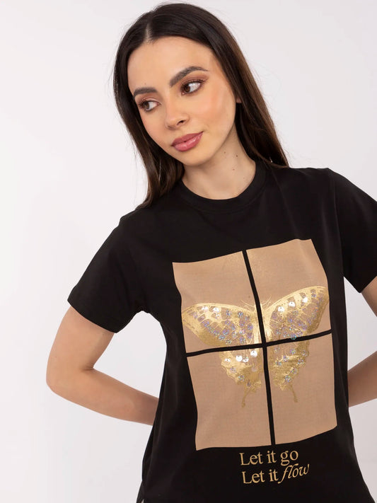 Czarny damski t-shirt z aplikacją