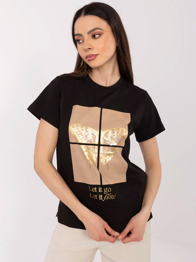 Czarny damski t-shirt z aplikacją