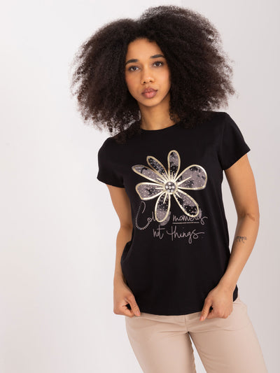 BASIC FEEL GOOD Czarny damski t-shirt z aplikacjami