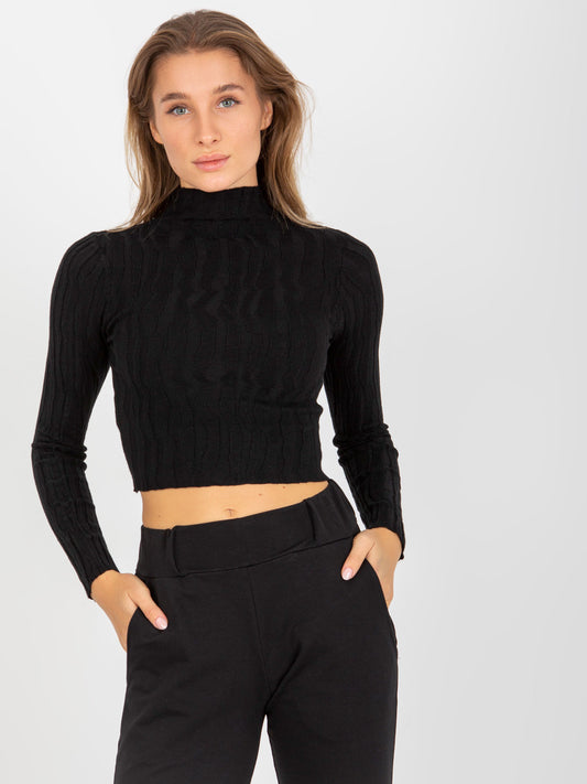 Czarny krótki sweter ze stójką z wiskozą