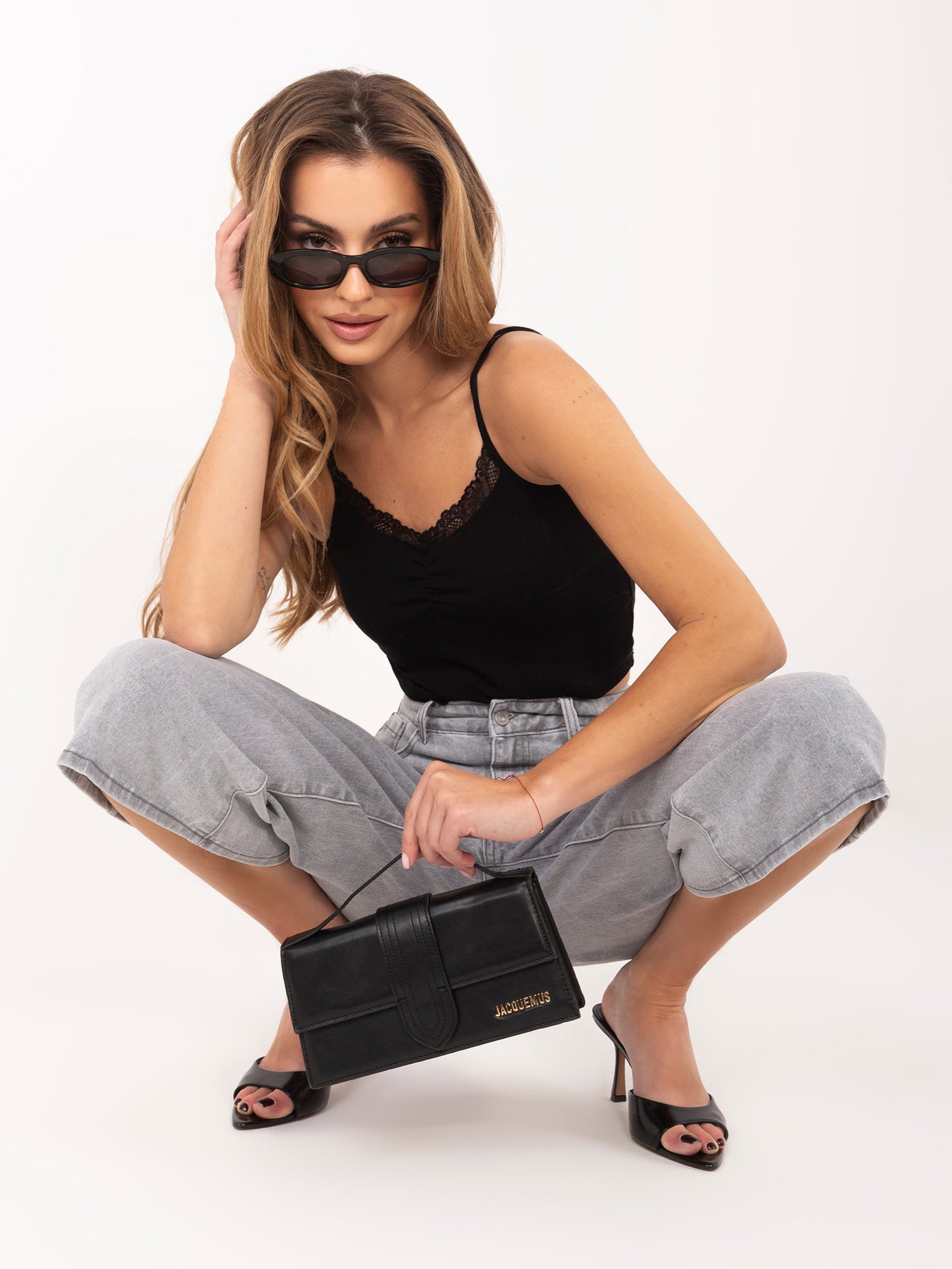 RUE PARIS Czarny top basic w prążki na ramiączkach