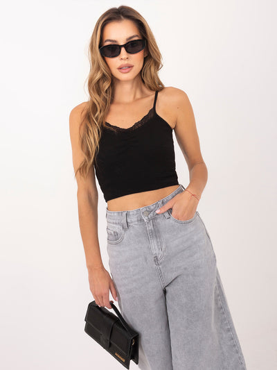 RUE PARIS Czarny top basic w prążki na ramiączkach