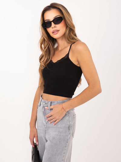 RUE PARIS Czarny top basic w prążki na ramiączkach