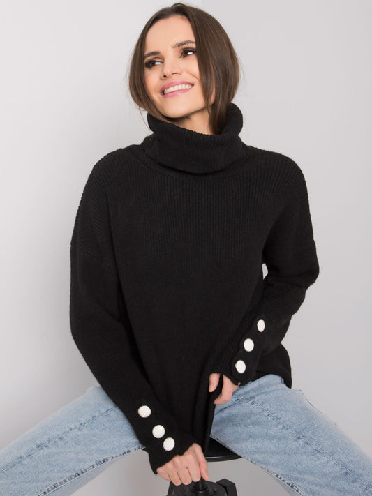 RUE PARIS Czarny sweter golf z guzikami