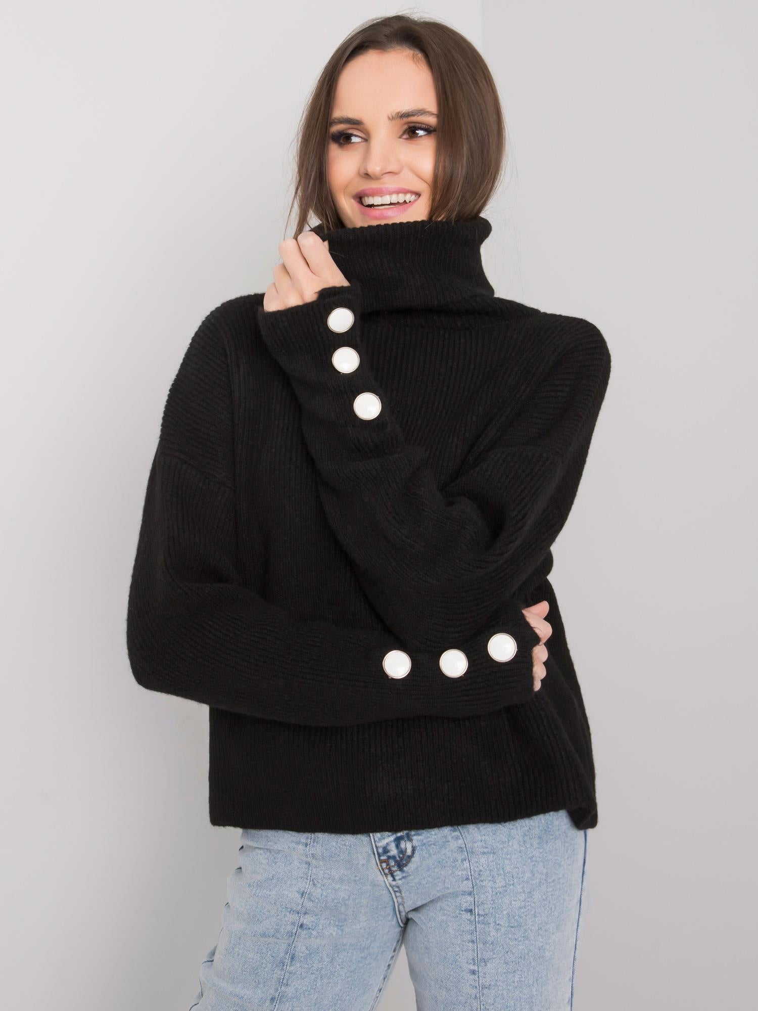 RUE PARIS Czarny sweter golf z guzikami