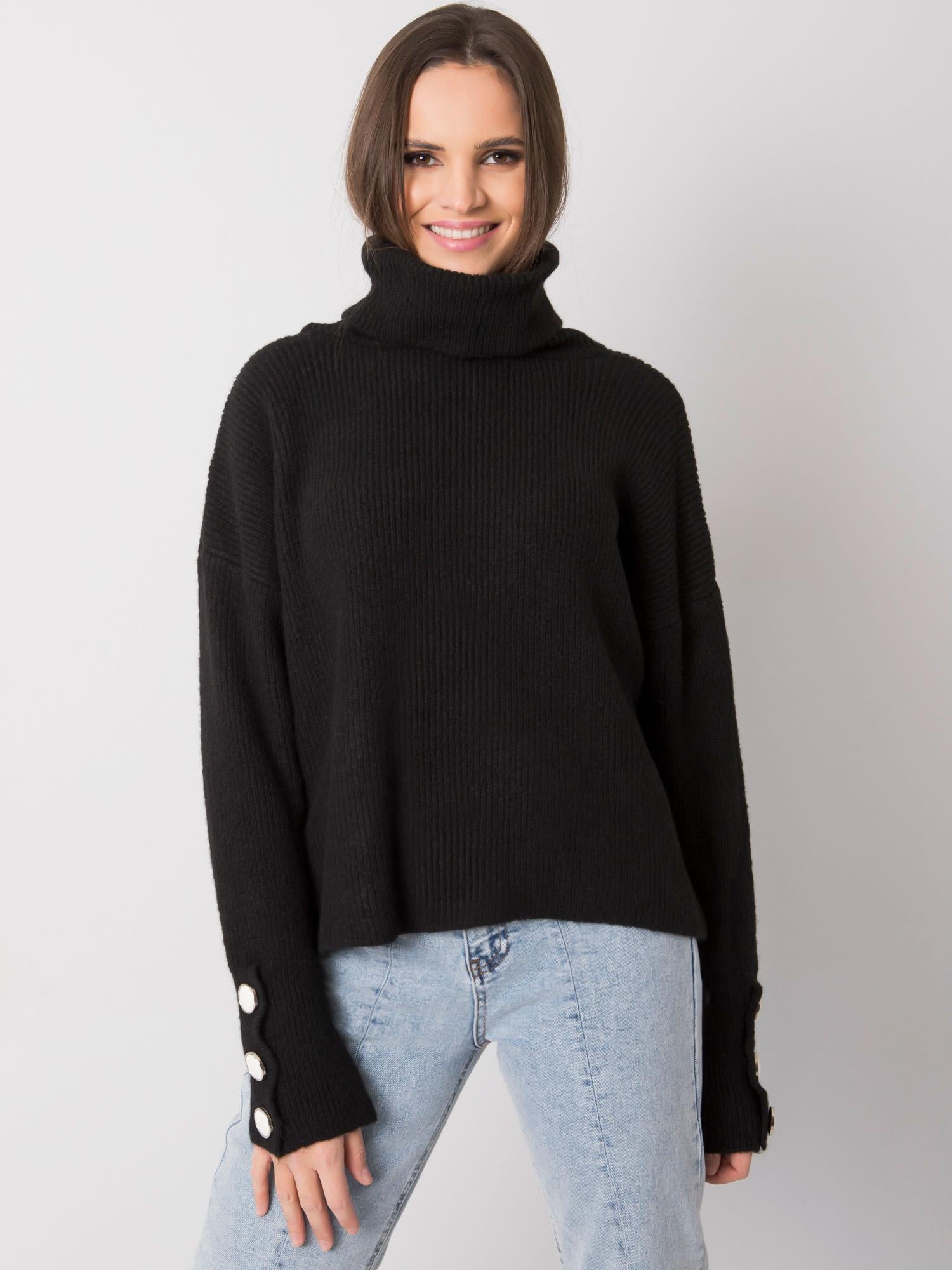 RUE PARIS Czarny sweter golf z guzikami
