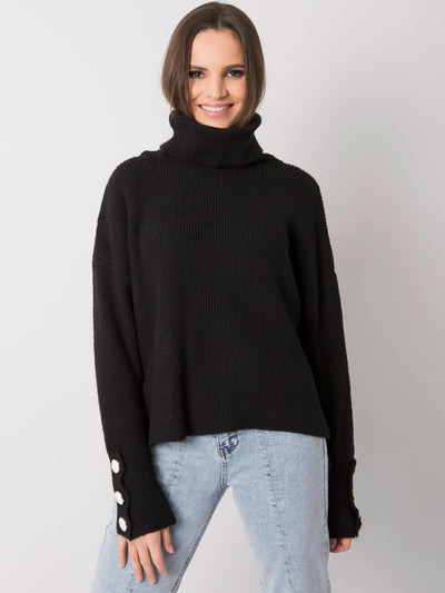 RUE PARIS Czarny sweter golf z guzikami