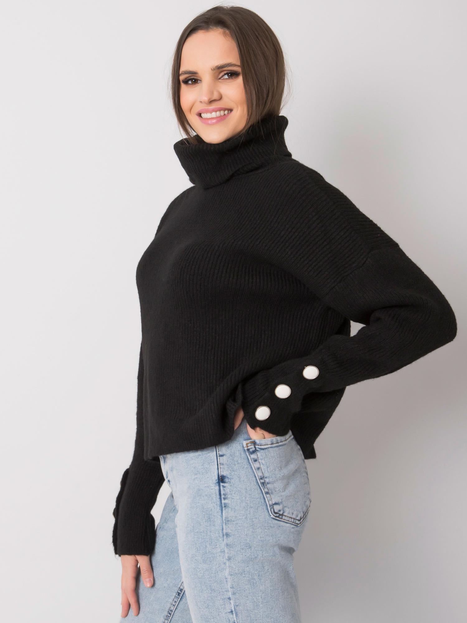 RUE PARIS Czarny sweter golf z guzikami