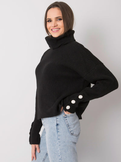 RUE PARIS Czarny sweter golf z guzikami