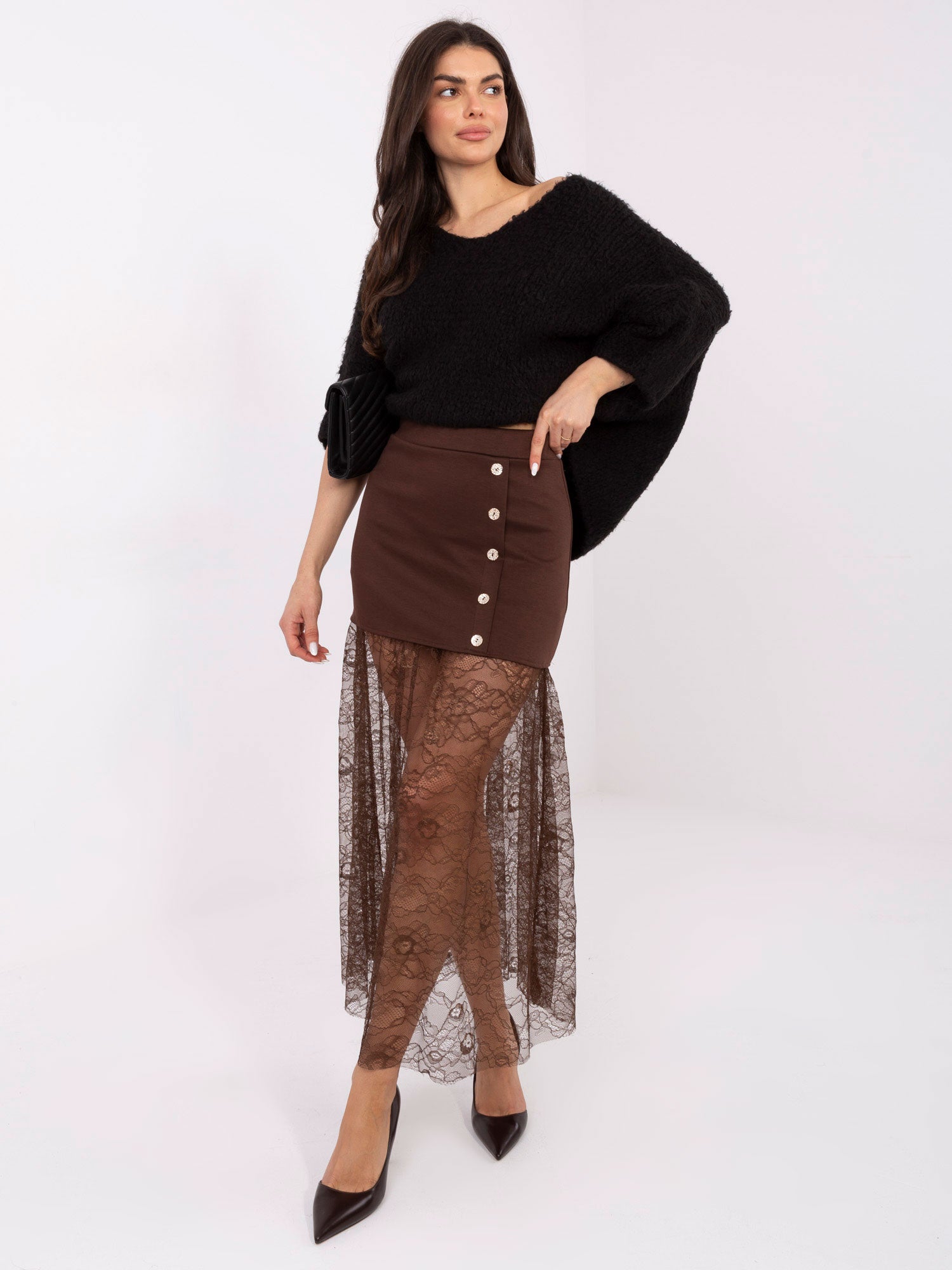 Czarny damski sweter oversize z rękawem 3/4